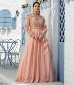 Coffee Floral High Neck Floor Length Gown With Floral Cutwork Duppatta