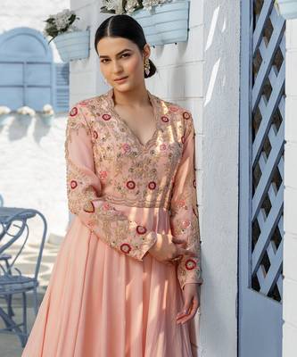 Coffee Floral High Neck Floor Length Gown With Floral Cutwork Duppatta 2