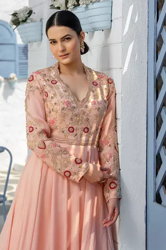 Coffee Floral High Neck Floor Length Gown With Floral Cutwork Duppatta
