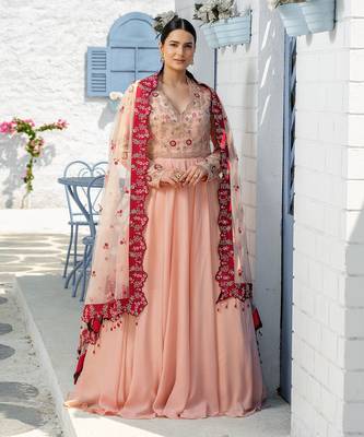 Coffee Floral High Neck Floor Length Gown With Floral Cutwork Duppatta 3