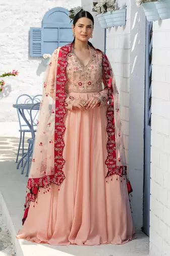 Coffee Floral High Neck Floor Length Gown With Floral Cutwork Duppatta