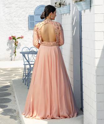 Coffee Floral High Neck Floor Length Gown With Floral Cutwork Duppatta 4