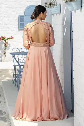 Coffee Floral High Neck Floor Length Gown With Floral Cutwork Duppatta