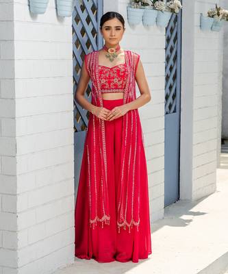 Pink Handcrafted Tulle Jacket Paired With Box Pleats Pants And Corset Style Blouse 1