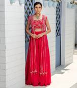 Pink Handcrafted Tulle Jacket Paired With Box Pleats Pants And Corset Style Blouse