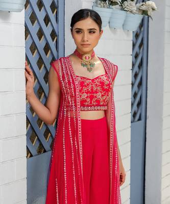 Pink Handcrafted Tulle Jacket Paired With Box Pleats Pants And Corset Style Blouse 3