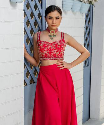 Pink Handcrafted Tulle Jacket Paired With Box Pleats Pants And Corset Style Blouse 4