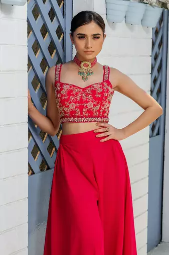 Pink Handcrafted Tulle Jacket Paired With Box Pleats Pants And Corset Style Blouse