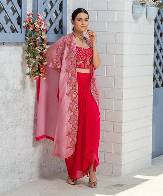 Pink Handcrafted Dhoti Blouse And Long Cape Set 2