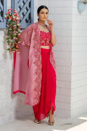 Pink Handcrafted Dhoti Blouse And Long Cape Set