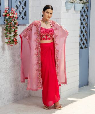 Pink Handcrafted Dhoti Blouse And Long Cape Set 3