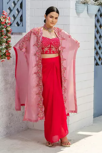 Pink Handcrafted Dhoti Blouse And Long Cape Set