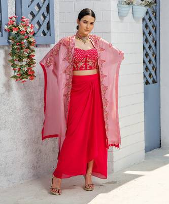 Pink Handcrafted Dhoti Blouse And Long Cape Set 1