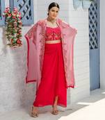 Pink Handcrafted Dhoti Blouse And Long Cape Set