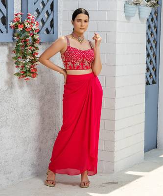 Pink Handcrafted Dhoti Blouse And Long Cape Set 4