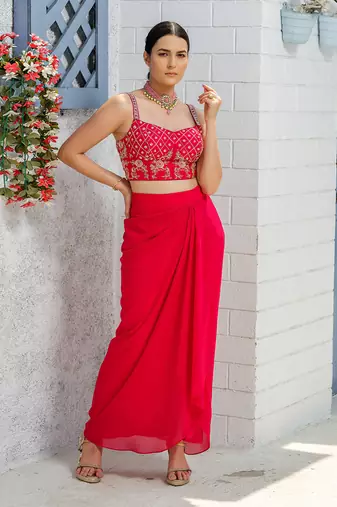 Pink Handcrafted Dhoti Blouse And Long Cape Set