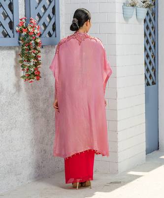 Pink Handcrafted Dhoti Blouse And Long Cape Set 5