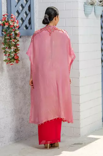 Pink Handcrafted Dhoti Blouse And Long Cape Set