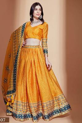Yellow embroidered silk semi stitched lehenga 1