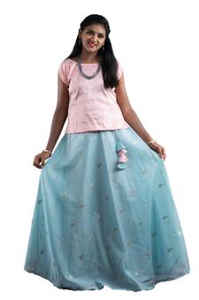 Shivangi Girls Blue Chanderi Tulip Pattu Pavadai