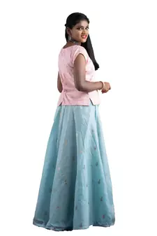 Shivangi Girls Blue Chanderi Tulip Pattu Pavadai