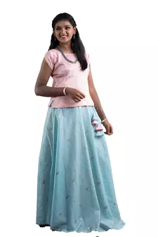 Shivangi Girls Blue Chanderi Tulip Pattu Pavadai