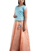 peach chanderi pavadai set with solid work design