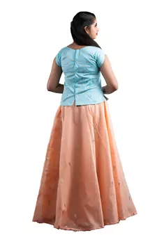 peach chanderi pavadai set with solid work design