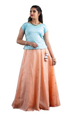 peach chanderi pavadai set with solid work design 3