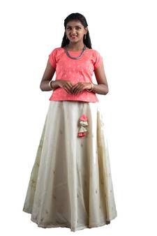 Shivangi Girls Half White Chanderi Tulip Pattu Pavadai