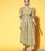 Green printed cotton ethnic-kurtis
