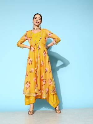 Yellow printed silk long-dresses 1