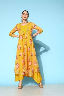 Yellow printed silk long-dresses