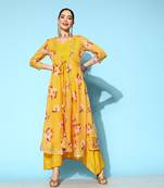 Yellow printed silk long-dresses