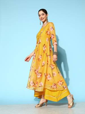 Yellow printed silk long-dresses 2