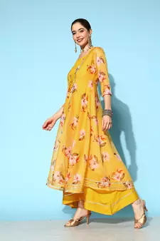 Yellow printed silk long-dresses