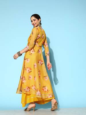 Yellow printed silk long-dresses 3