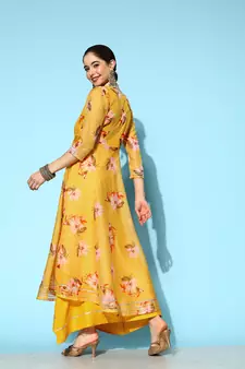 Yellow printed silk long-dresses