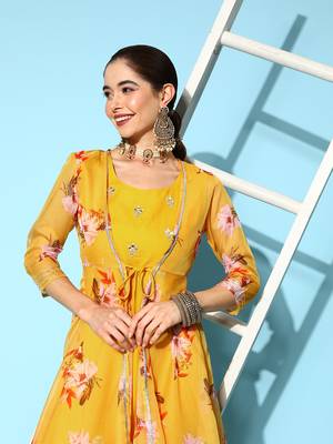 Yellow printed silk long-dresses 4