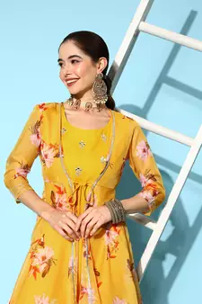 Yellow printed silk long-dresses