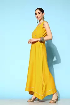 Yellow printed silk long-dresses