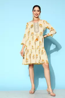 Mustard printed cotton long-dresses