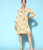 Mustard printed cotton long-dresses