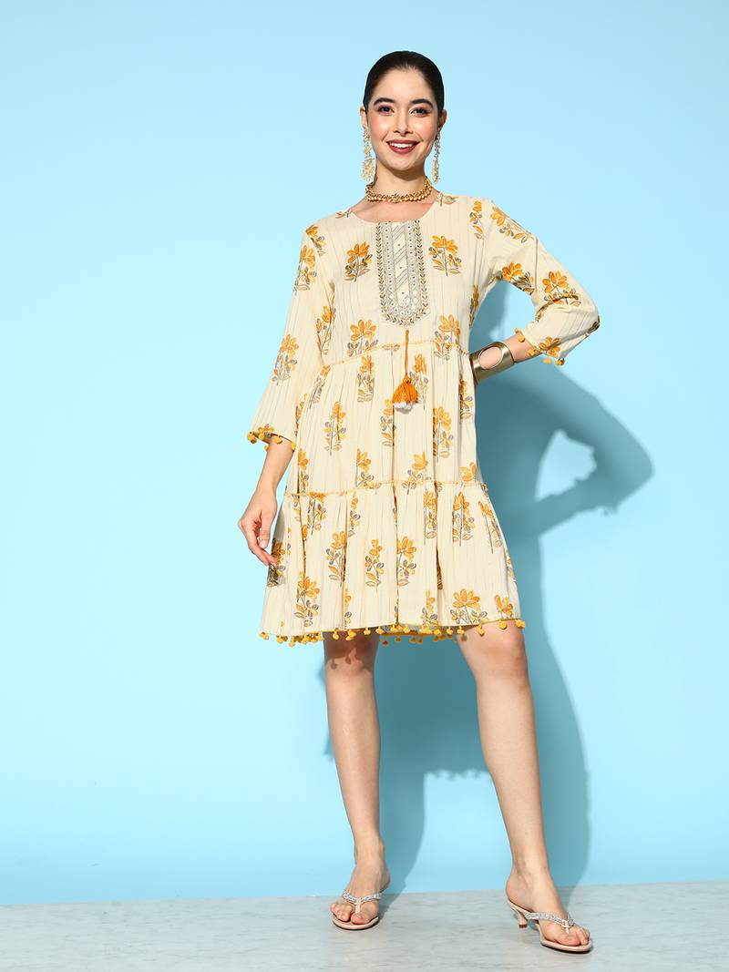 Mustard printed cotton long-dresses