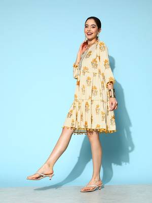 Mustard printed cotton long-dresses 2