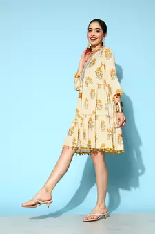 Mustard printed cotton long-dresses