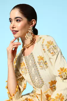 Mustard printed cotton long-dresses
