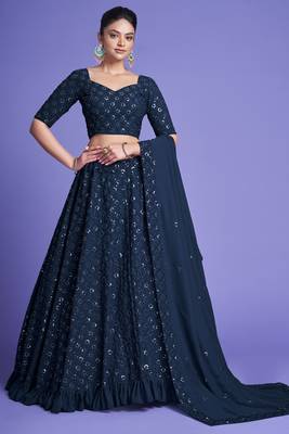 Blue embroidered faux georgette semi stitched lehenga 1