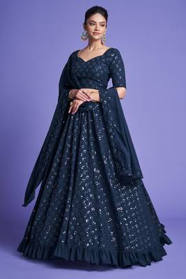 Blue embroidered faux georgette semi stitched lehenga 3