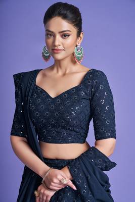 Blue embroidered faux georgette semi stitched lehenga 4